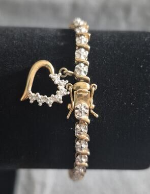 925 Sterling Silver Gold Tone Tennis Bracelet 8" Clear Stones Heart China